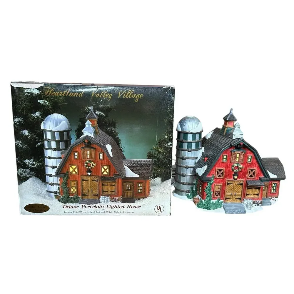 Vtg O'Well Heartland Valley Village Red Barn w/ Silo Lighted Porcelain House 90s